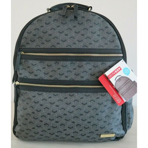 Skip Hop DECO Saffiano Diaper Backpack Black/Gray Vegan Leather Interweave Lines - Picture 1 of 11